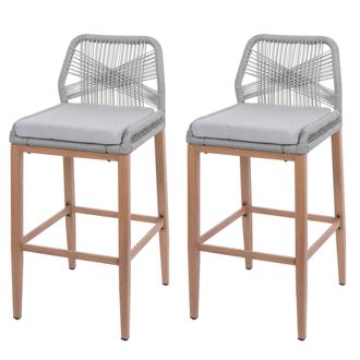 Hhg Hhg - Juego De 2 Taburetes De Bar De Cuerda 982, Asiento De Exterior De Cuerda De Metal Imitaci&oacute;n Madera, Gris Claro, Coj&iacute;n Gris Claro
