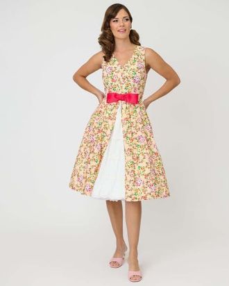 Unique Vintage 1960s Garden Party Swing Dress in Beige W/Pink Bow Floral Print at Nordstrom, Size X-Large