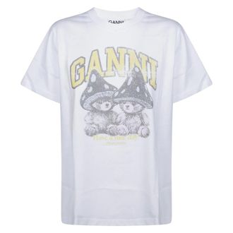 Ganni Basic Katoenen Relaxed T-shirt Teddy Mushrooms - Dames - Tops - Wit - Maat: M Katoen
