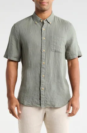 Faherty Laguna Short Sleeve Linen Button-Down Shirt in Spruce at Nordstrom Rack, Size Xx-Large