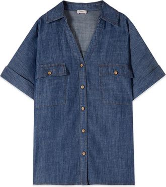 Oltre Oversized shirt met denim-effect - Dames - Spijkeroverhemden - Blauw - L/Xl - Denim - Overhemden