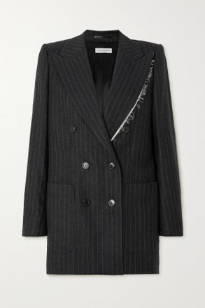 Dries Van Noten Blazer Doppiopetto Gessato In Misto Lana Con Finiture In Broccato Effetto Invecchiato - Grigio