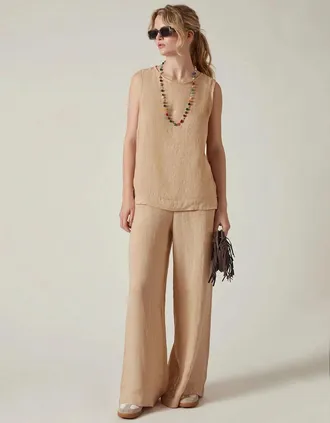 James Lakeland Womens Sand Linen Sleeveless Top - Tan - Size: 14