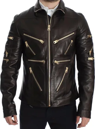 Dolce & Gabbana Brown Lambskin Leather Zipper Mens Jacket