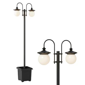 OUTSUNNY Farola Solar Exterior De Jard&iacute;n Con Macetero 2 Cabezales Impermeable Ip44 Encendido/apagado Autom&aacute;tico Altura Ajustable 53,5x30x182 Cm Negro