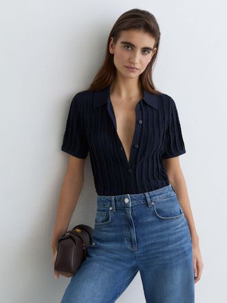 Reiss Navy Stitch-detail Short-sleeve Knitted Shirt, XS