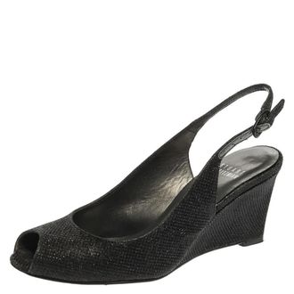 Stuart Weitzman Black Glitter Fabric Slingback Wedge Sandals