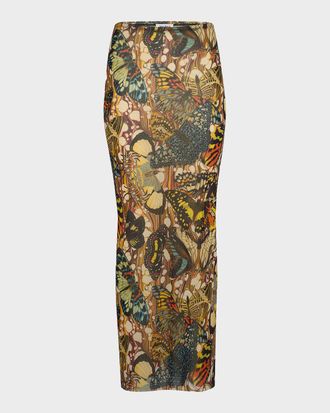 Jean Paul Gaultier Re-Edition Butterfly-Print Mesh Maxi Skirt