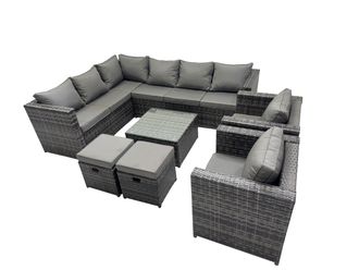 Fimous Patio Furniture Sets with Corner Sofa Coffee Table 2 Small Footstools in Dark Grey