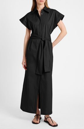 Santorelli Nisa Cap Sleeve Poplin Shirt Dress in Black at Nordstrom, Size X-Small