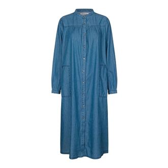 Lollys Laundry Blauwe Jurk met Lange Mouwen en Mandarin Kraag - Dames - Casual kleedjes - Blauw - S - Katoen - Kleedjes