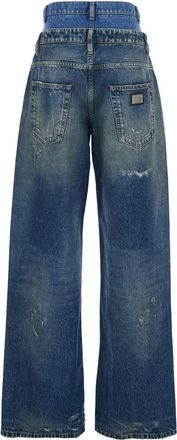 Dolce & Gabbana Womens Blue Layered Design Distressed Jeans Cotton