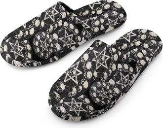 Generic Skull Pentagram Mens Flannel Slipper Soft Comfy House Shoes Non Slip Winter Warm Indoor Outdoor Slippers