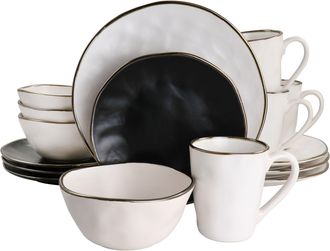 Elama Modern 16 Piece Stoneware Dinnerware Set in Matte Black with Gold Rim
