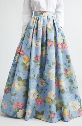 Carolina Herrera Chin&eacute; Floral Print Taffeta Ball Skirt in Cloudy Blue Multi at Nordstrom, Size 10
