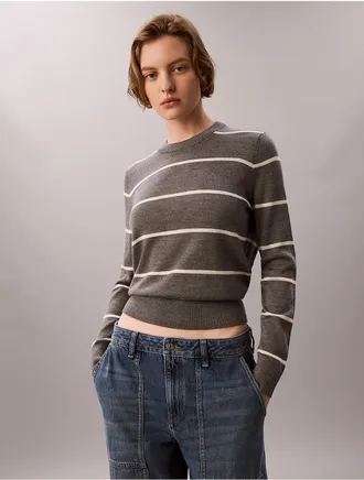 Calvin Klein Womens Extra Fine Merino Blend Striped Sweater - Grey - XL