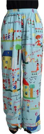 Dolce & Gabbana Lichtblauwe Tekening Wijde Pijpen Broek - Dames - Wijde Broeken - Veelkleurig - XS - Polyester - Broeken
