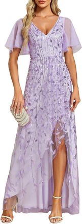 Ever-pretty Womens Maxi Evening Dresses Sequin Embroidered Double V Prom Dress with Ruffles Sleeve Bridesmaid High-Low Dress Lavender 10UK
