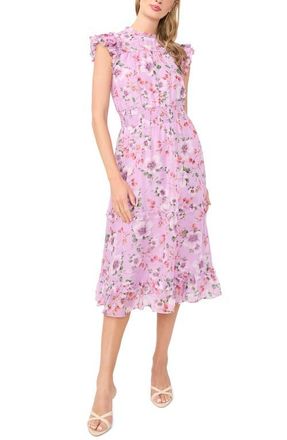 CeCe by Cynthia Steffe Floral Print Flutter Sleeve Smocked Midi Dress in Fair Orchid at Nordstrom, Size Medium