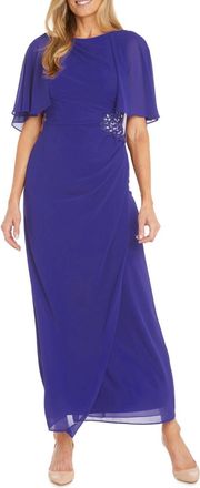 R & M Richards Long Chiffon Caplet Evening Dress In Violet