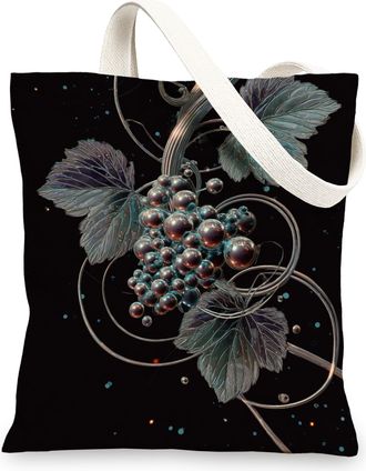 Generic Grape Canvas Tote Bag, Reusable Grocery Bags, Artistic Lightweight Black Shoulder Strap Bags 13x15 Inch