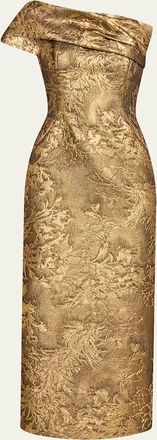 Pamella Roland One-Shoulder Metallic Jacquard Midi Cocktail Dress