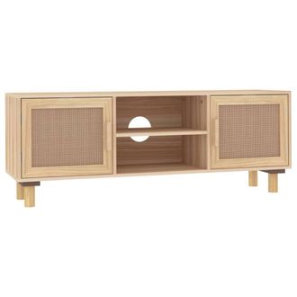 Berkfield Home TV Cabinet Brown 105x30x40 cm Solid Wood Pine&Natural Rattan in Light Tan | Size: 105 x 30 x 40 cm