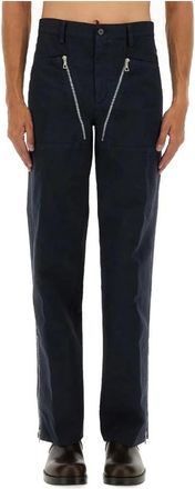 Dries Van Noten Zipper Detail Katoenen Twill Broek - Heren - Straight fit broeken - Blauw - L - Katoen - Broeken