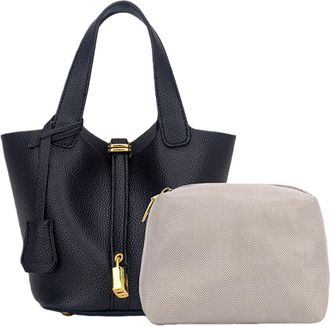 Generic Genuine Leather Bucket Bag/Vegetable Basket with Buckle Design, Luxurious Handbag, Stylish and Versatile Crossbody (Black,One Size)