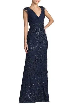Mac Duggal Womens Floral Beaded Chiffon V-Neck Evening Gown in Midnight at Nordstrom, Size 12