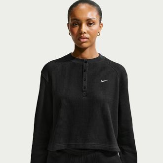 Nike Womens Nike Sportswear Chill Waffle Oversized Long-Sleeve Henley Top in Black | IF0581-010
