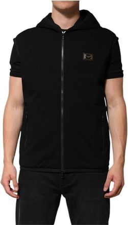 Dolce & Gabbana Logo-Plaque Gilet met Capuchon - Heren - Vesten met rits - Zwart - 4XL - Polyester - Hoodies & sweatvesten