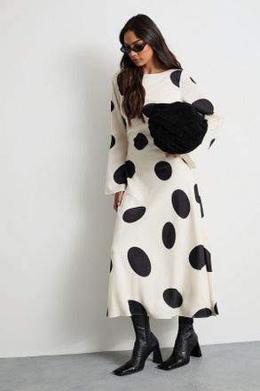 Warehouse Womens Polka Dot Scoop Back Long Sleeve Maxi Dress - White - Size 8 UK