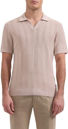 Bugatchi Johnny Collar Basket Stitch Cotton Blend Short Sleeve Sweater in Sand at Nordstrom, Size Xx-Large