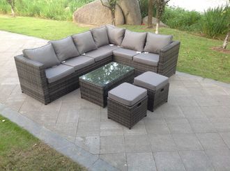 Fimous 8 Seater Rattan Corner Sofa Lounge Sofa Set With Rectangular Coffee Table 2 Stool & Chair Right Hand in Dark Grey