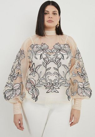 Karen Millen Plus Size Floral Embroidery Organdie Woven Blouse