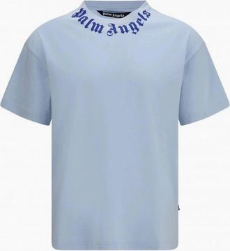Palm Angels Mens Neck Logo Regular Tee Blue - Size: 40