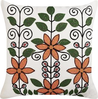 Beliani Coj&iacute;n De Algod&oacute;n Blanco Naranja Verde Negro 50 X 50 Cm Patr&oacute;n Floral Vellore