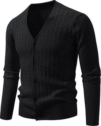 Generic Mens Pullover with V-Neck Button Placket, Mens Cardigan Fine Knit, Knitted Jumper Jacquard Cable Knit Long Sleeve Jumper Elegant Fleece Jumper Lightwe