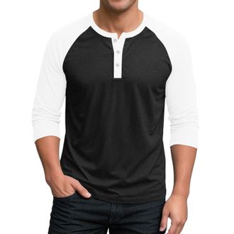 Generic Henley Shirts for Men Jersey Baseball Color Block T-Shirts Raglan Long Sleeve Shirt Button Down Tops Casual Blouses(Z02-Black, M)