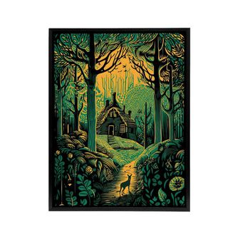 Artery8 Cabin Hut In A Forest At Sunrise Framed Canvas Wall Art Print in Green | Size: W24 x H32