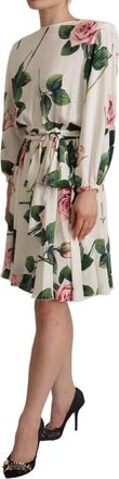 Dolce & Gabbana Womens White Rose Print Long Sleeves A-Line Dress Silk Elastane