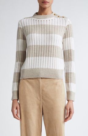 Max Mara Alfeo Stripe Rib Wool & Cashmere Crop Sweater in White at Nordstrom, Size Medium