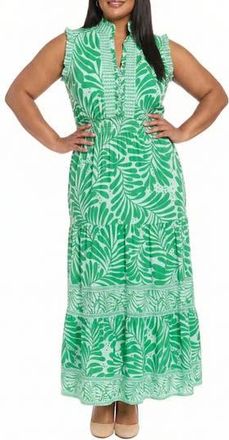 London Times Ruffle Sleeveless Tiered Maxi Dress in S Blue/Green at Nordstrom Rack, Size 14W