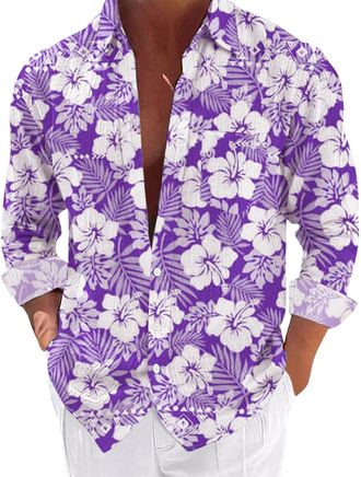 Generic Hawaiian Shirts Long Sleeve Men, Tropical Shirts Funky Floral Hawaiian Shirts Button Down Beach Party Shirts Loose Casual Dress Shirts Seaside Scenery