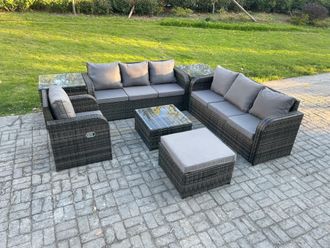 Fimous Outdoor Rattan Garden Furniture Set Conservatory Patio Sofa Coffee Table With Reclining Chair 2 Side Tables Big Footstool in Dark Grey