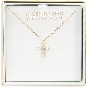 Argento Vivo Faux Pearl Beaded Cross Pendant Necklace in Gold at Nordstrom Rack