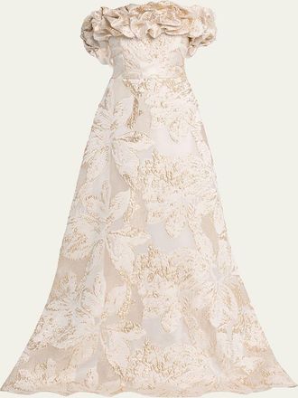 Teri Jon Ruffled Off-Shoulder Metallic Jacquard Gown