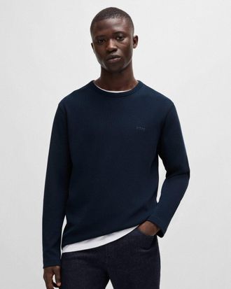 Boss Orange by Hugo Boss Tempesto Mens Regular Fit Long Sleeve T-shirt with embroidered logo - Dark Blue Cotton - Size Medium