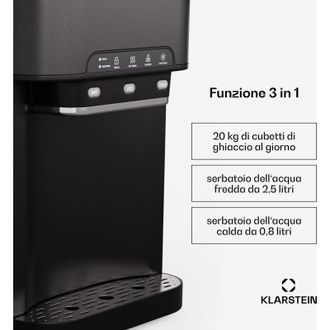 Klarstein Klarstein Aqueous - Macchina del ghiaccio 3 in 1: cubetti di ghiaccio ed erogatore dacqua calda e fredda, 20 kg/24 ore